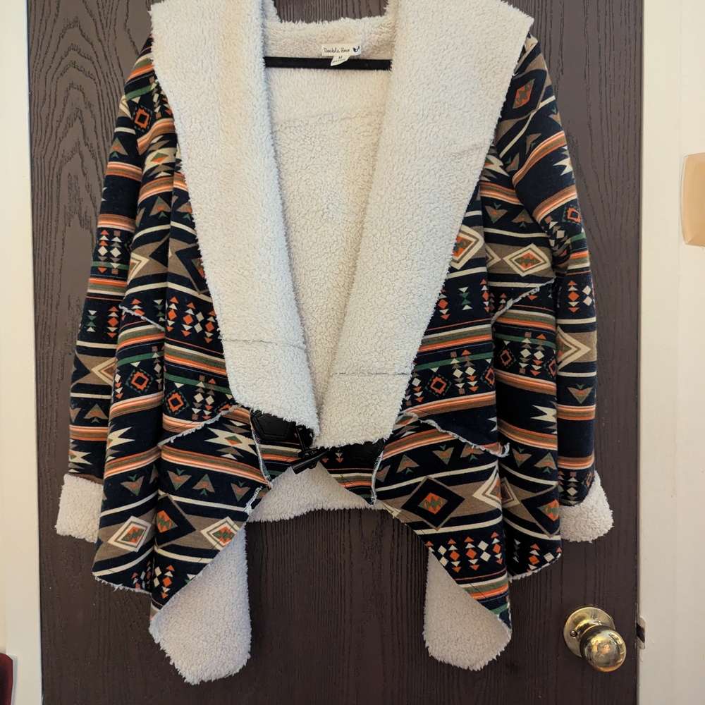 Chic Boho Bohemian Tribal Patterned Open Front Cardigan with Sherpa Lining